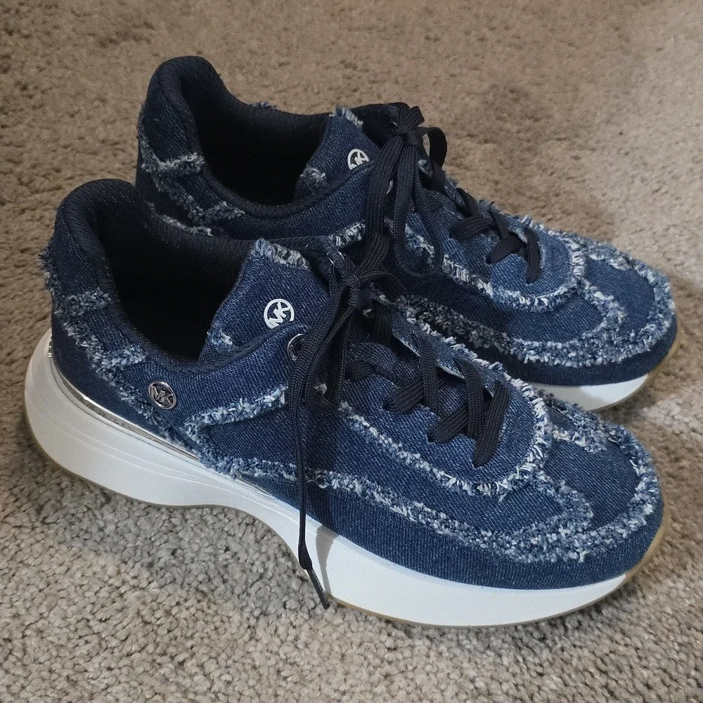Michael Kors Ari Trainer Frayed Denim Sneakers - Picture 2 of 11